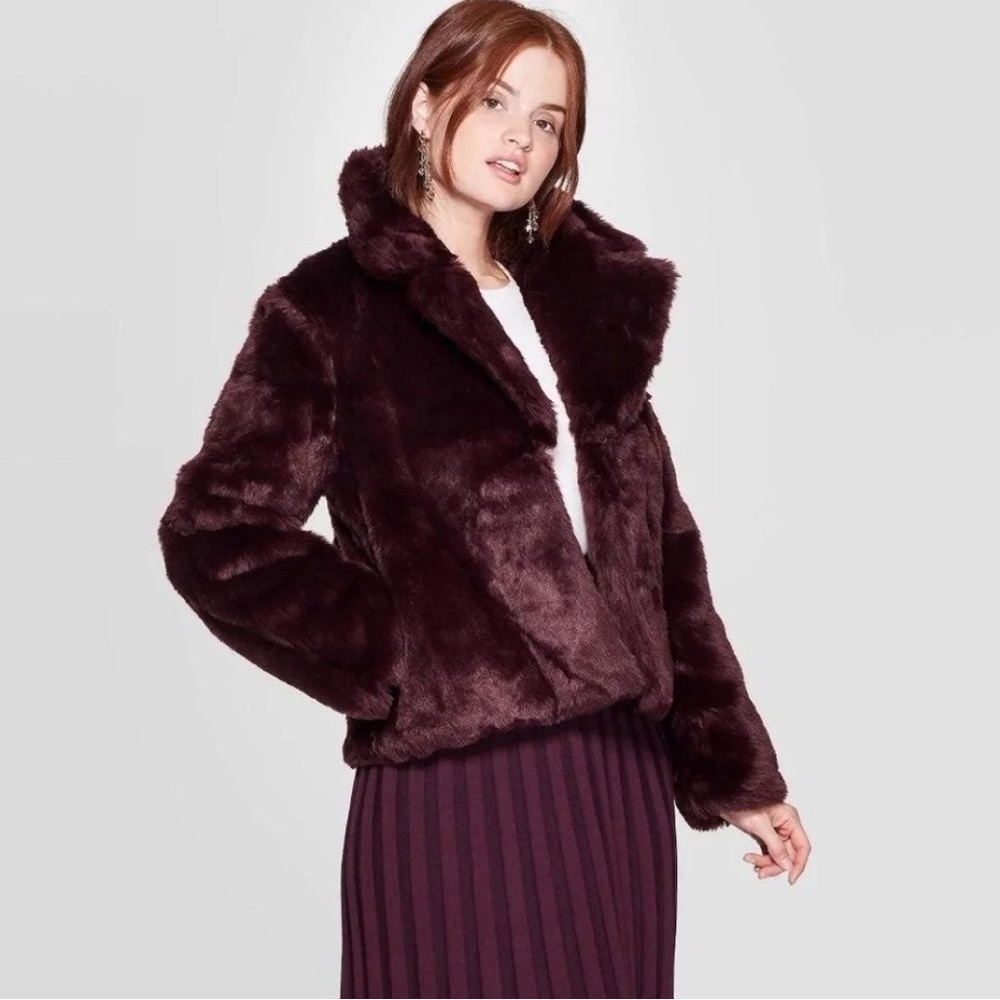 A New Day Collared Faux Fur Jacket in Burgundy size small